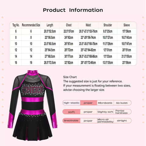 Girls Long Sleeve Rhinestones Colorblock Cheerlead Dance Dress