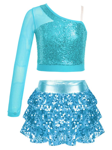 Kids Girls 2pcs Sequins Long Sleeve Top and Skirt Jazz Dance Set