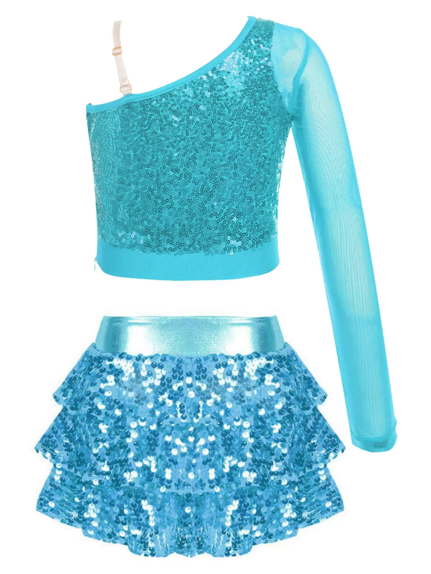 Kids Girls 2pcs Sequins Long Sleeve Top and Skirt Jazz Dance Set