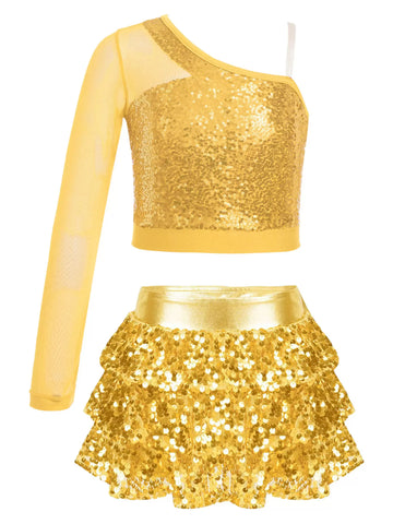 Kids Girls 2pcs Sequins Long Sleeve Top and Skirt Jazz Dance Set