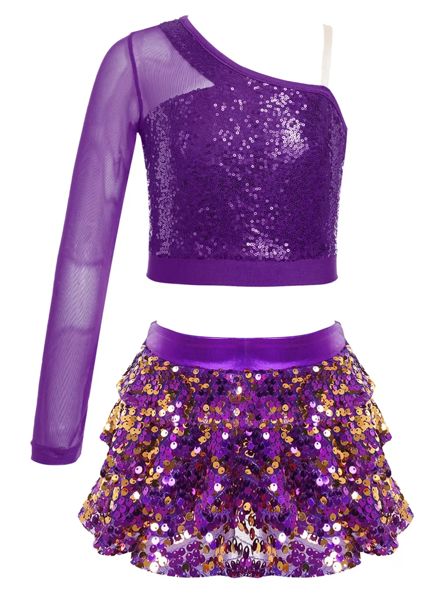 Kids Girls 2pcs Sequins Long Sleeve Top and Skirt Jazz Dance Set