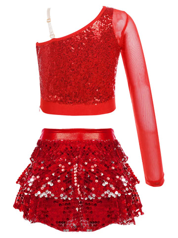 Kids Girls 2pcs Sequins Long Sleeve Top and Skirt Jazz Dance Set