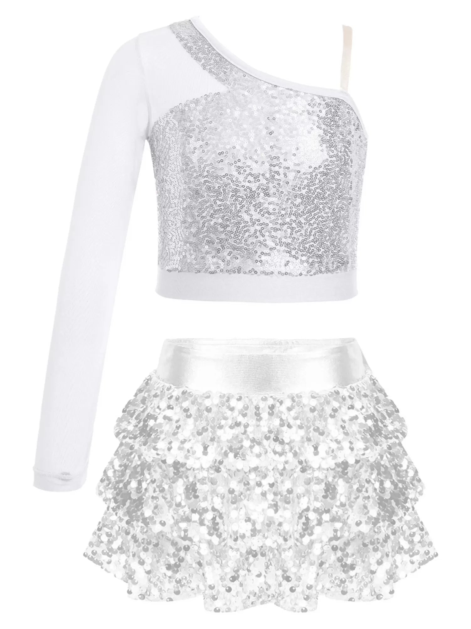 Kids Girls 2pcs Sequins Long Sleeve Top and Skirt Jazz Dance Set