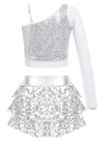 Kids Girls 2pcs Sequins Long Sleeve Top and Skirt Jazz Dance Set