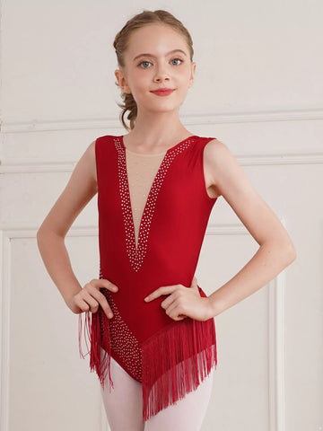 Kids Girls Sleeveless Tassel Rhythmic Gymnastics Leotard