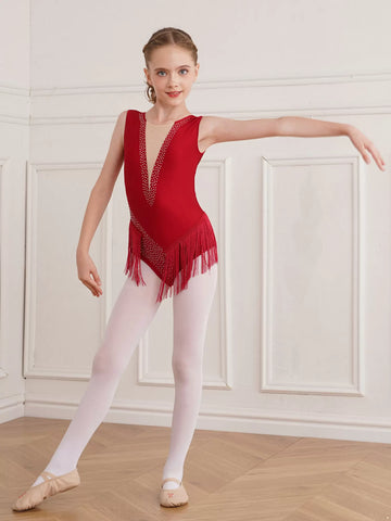 Kids Girls Sleeveless Tassel Rhythmic Gymnastics Leotard