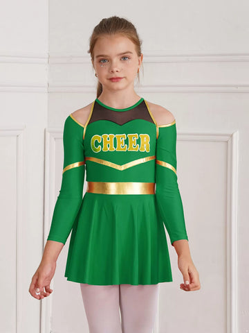 Kids Girls Long Sleeve Cold Shoulder Cheerleading A-line Dress