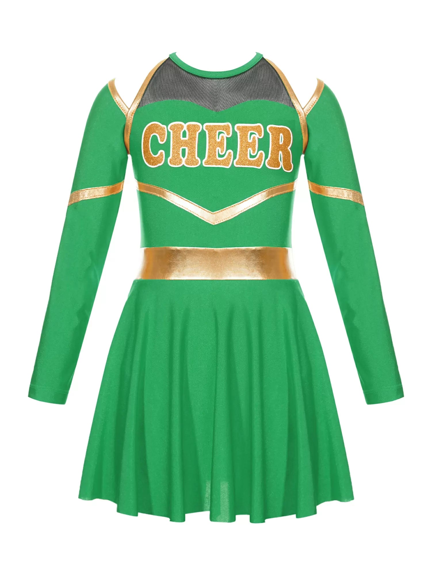 Kids Girls Long Sleeve Cold Shoulder Cheerleading A-line Dress