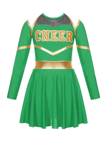 Kids Girls Long Sleeve Cold Shoulder Cheerleading A-line Dress