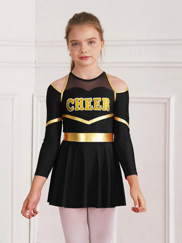 Kids Girls Long Sleeve Cold Shoulder Cheerleading A-line Dress