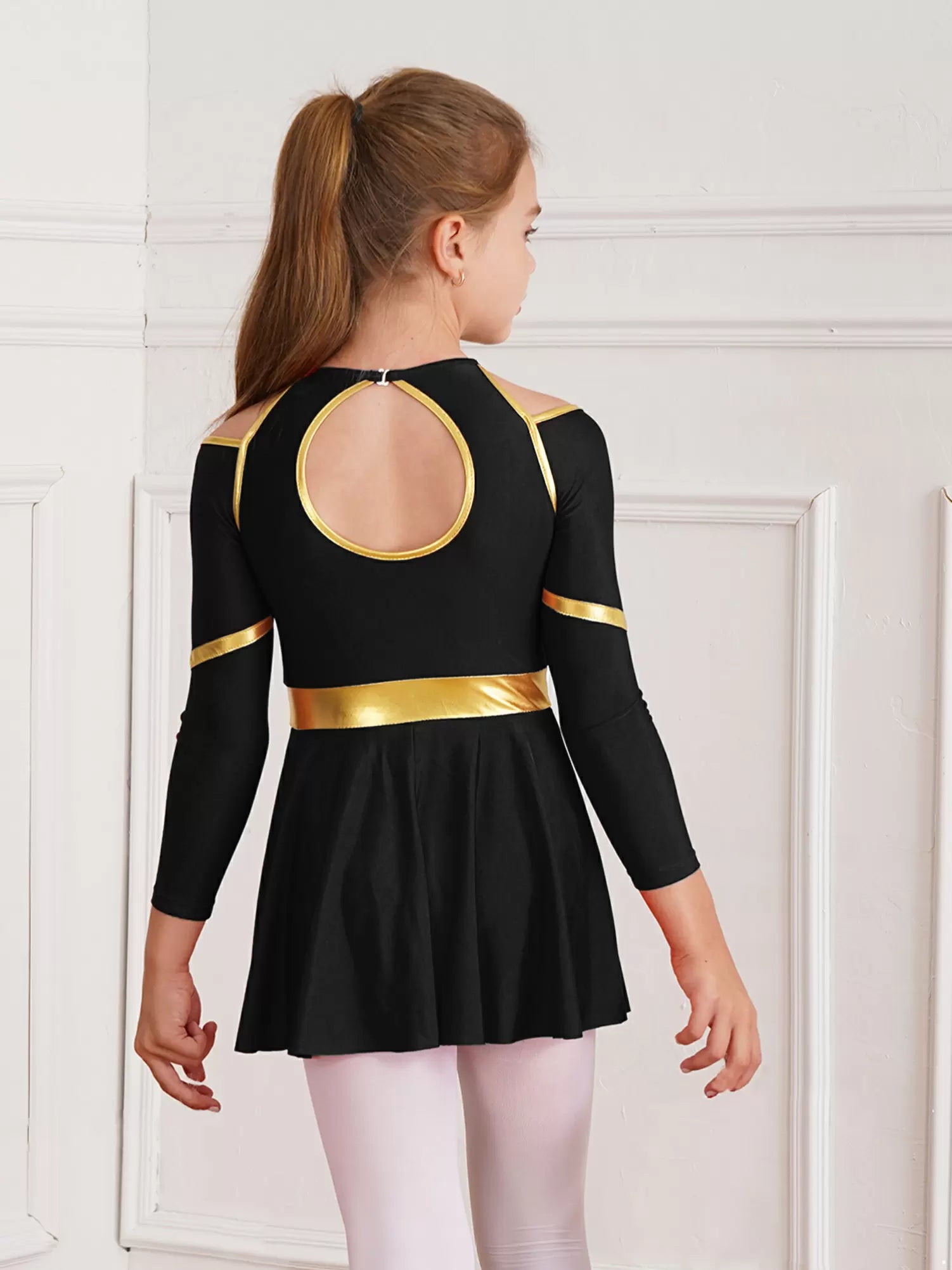 Kids Girls Long Sleeve Cold Shoulder Cheerleading A-line Dress