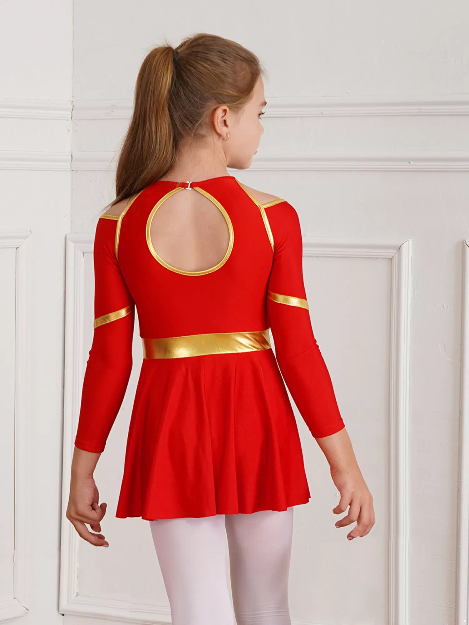 Kids Girls Long Sleeve Cold Shoulder Cheerleading A-line Dress