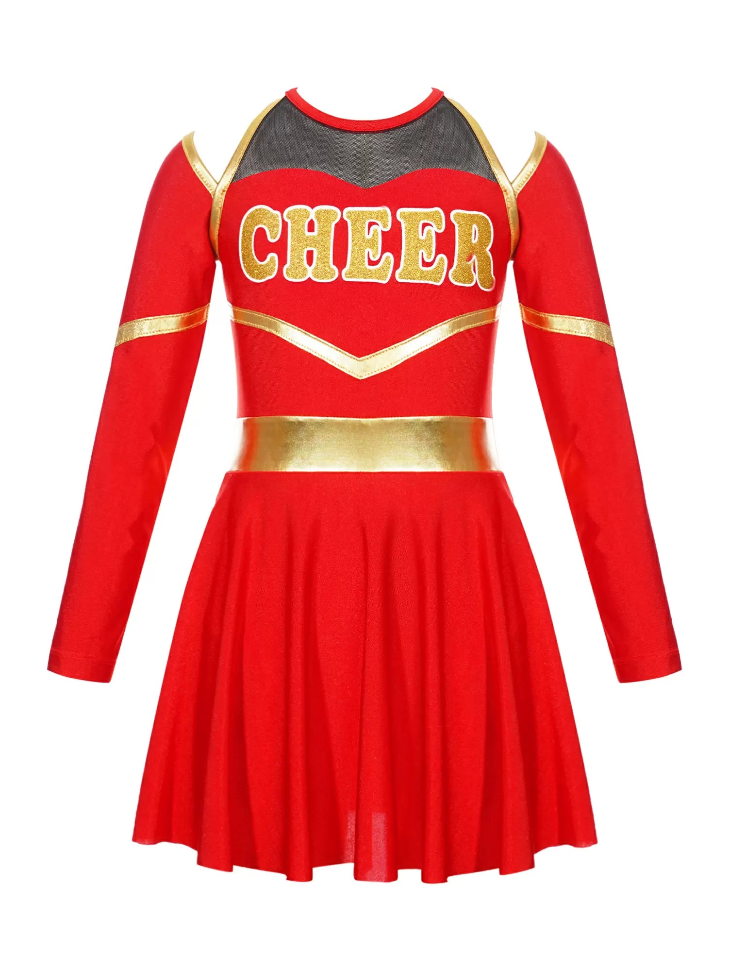 Kids Girls Long Sleeve Cold Shoulder Cheerleading A-line Dress