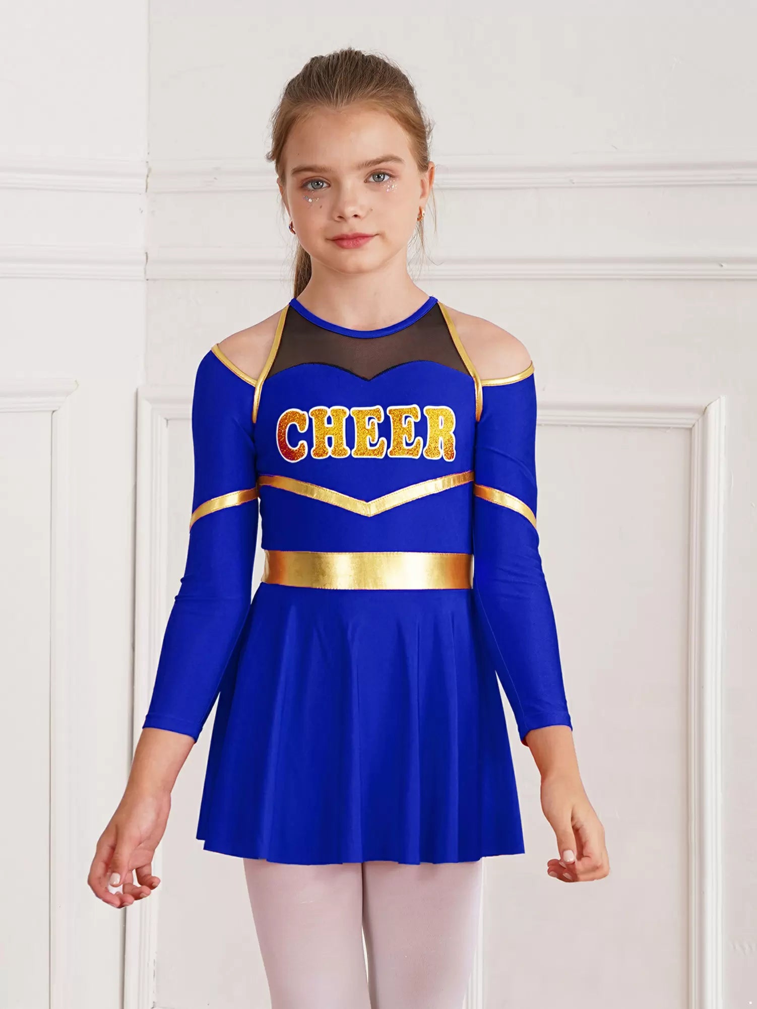 Kids Girls Long Sleeve Cold Shoulder Cheerleading A-line Dress