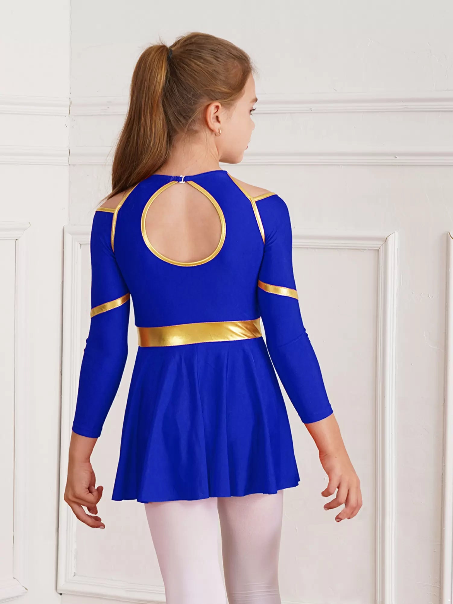 Kids Girls Long Sleeve Cold Shoulder Cheerleading A-line Dress