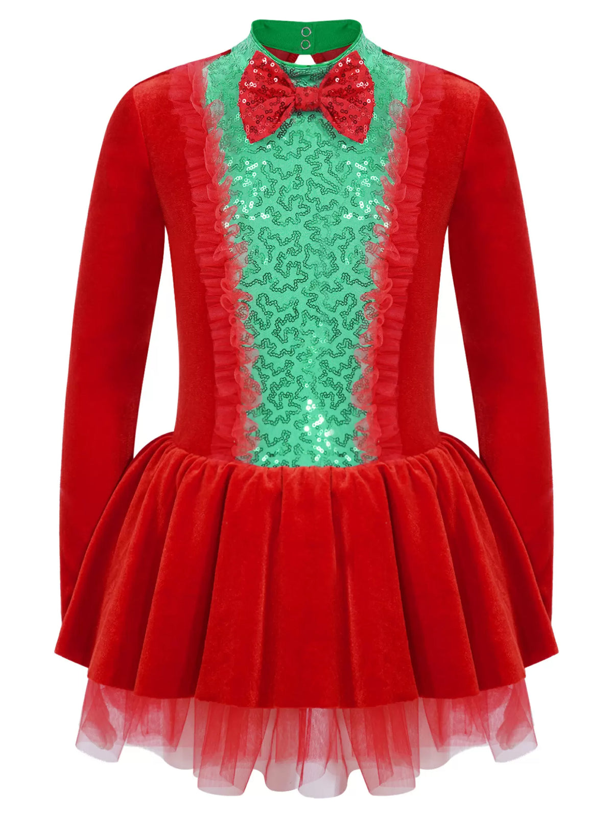 Kids Girls Long Sleeve Sequins Bow Christmas Leotard Dress