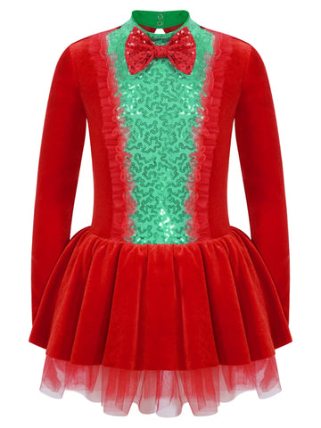 Kids Girls Long Sleeve Sequins Bow Christmas Leotard Dress