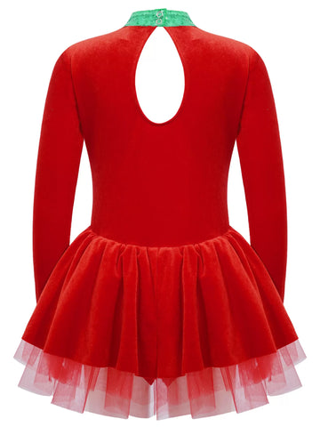 Kids Girls Long Sleeve Sequins Bow Christmas Leotard Dress