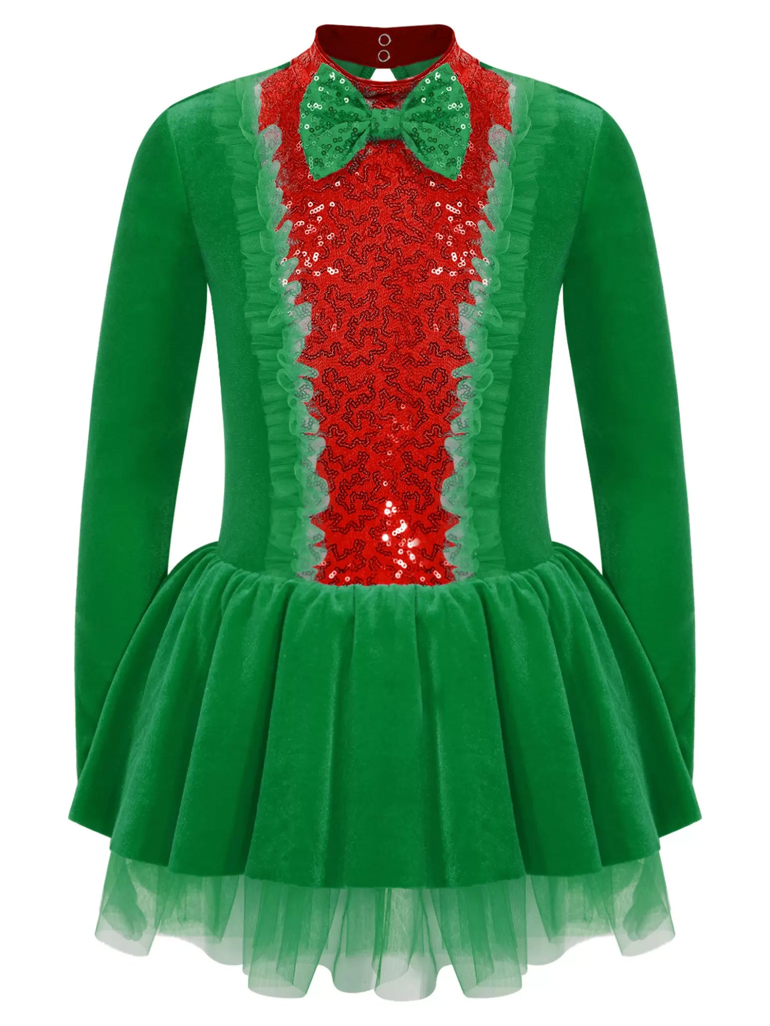 Kids Girls Long Sleeve Sequins Bow Christmas Leotard Dress