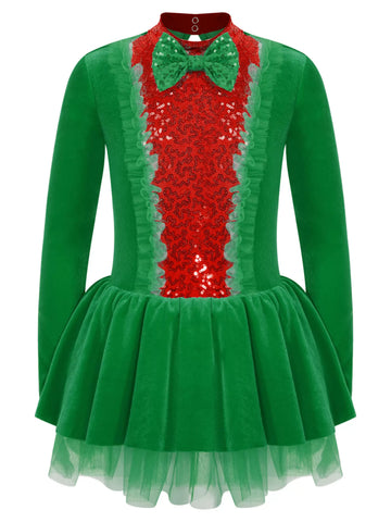 Kids Girls Long Sleeve Sequins Bow Christmas Leotard Dress