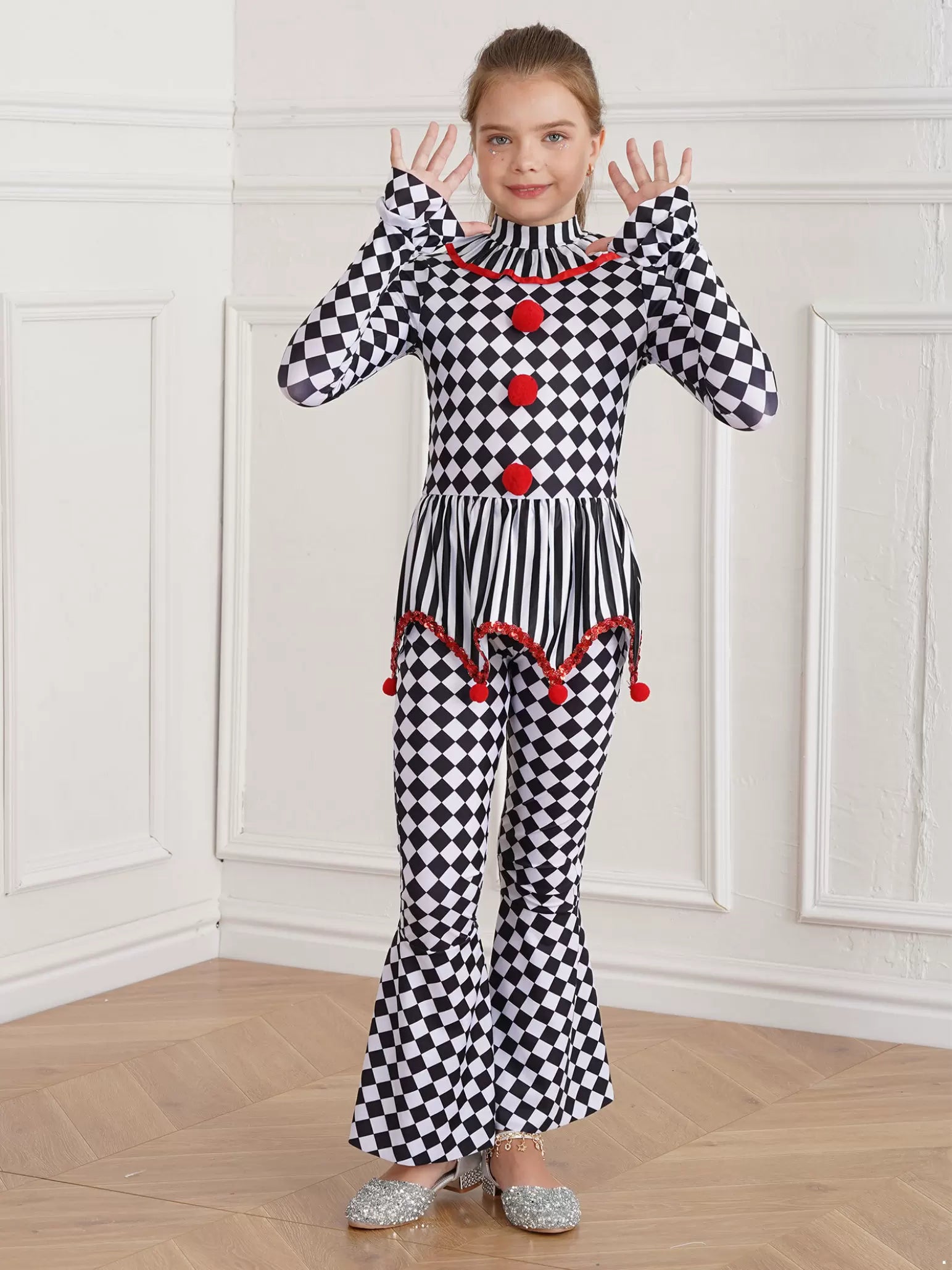 Kids Girls Long Sleeve Pompom Checkerboard Circus Clown Jumpsuit