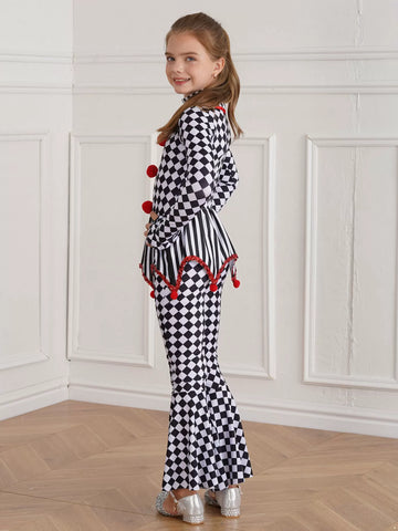 Kids Girls Long Sleeve Pompom Checkerboard Circus Clown Jumpsuit