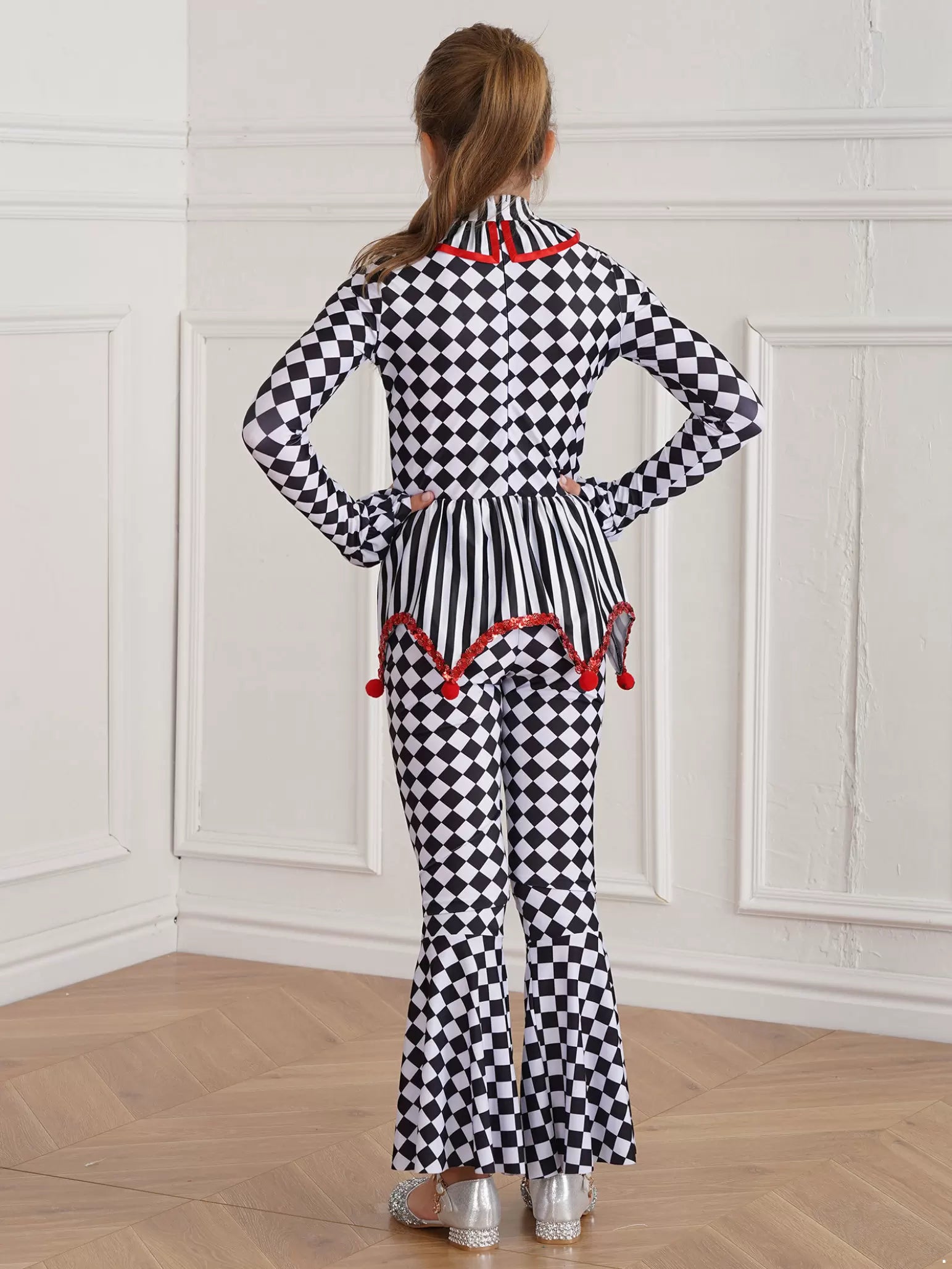 Kids Girls Long Sleeve Pompom Checkerboard Circus Clown Jumpsuit