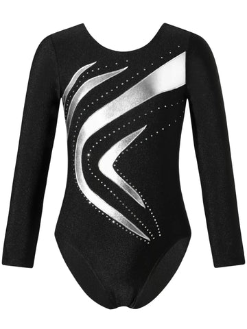 Kids Girls Long Sleeve Rhinestone Gymnastic Skating Leotard