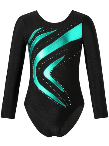 Kids Girls Long Sleeve Rhinestone Gymnastic Skating Leotard