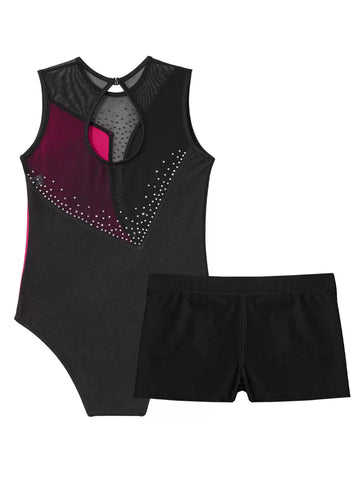 Kids Girls 2pcs Sleeveless Colorblock Leotard and Shorts Dance Set