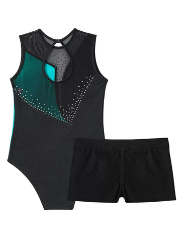 Kids Girls 2pcs Sleeveless Colorblock Leotard and Shorts Dance Set