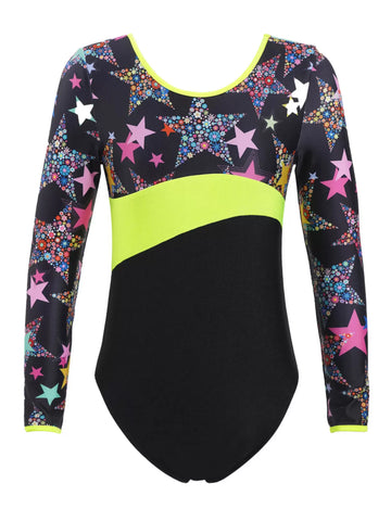 Kids Girls Long Sleeves Stars One-piece Gymnastics Leotard