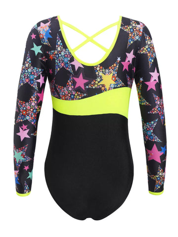 Kids Girls Long Sleeves Stars One-piece Gymnastics Leotard