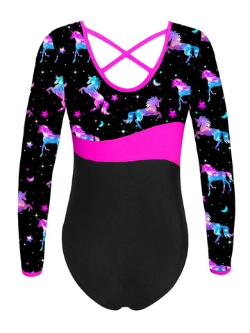 Kids Girls Long Sleeves Stars One-piece Gymnastics Leotard