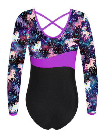 Kids Girls Long Sleeves Stars One-piece Gymnastics Leotard