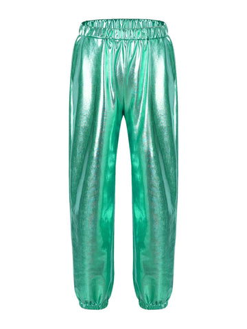 Kids Girls Glossy Metallic Ankle Banded Jazz Dance Pants