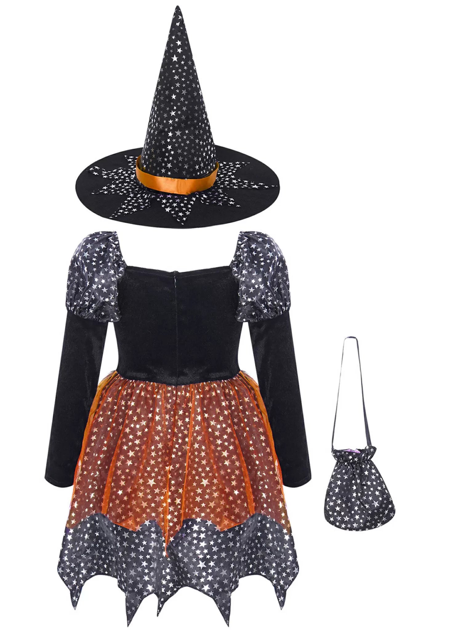 Kids Girls 3pcs Halloween Witch Shiny Stars Dress with Hat and Handbag