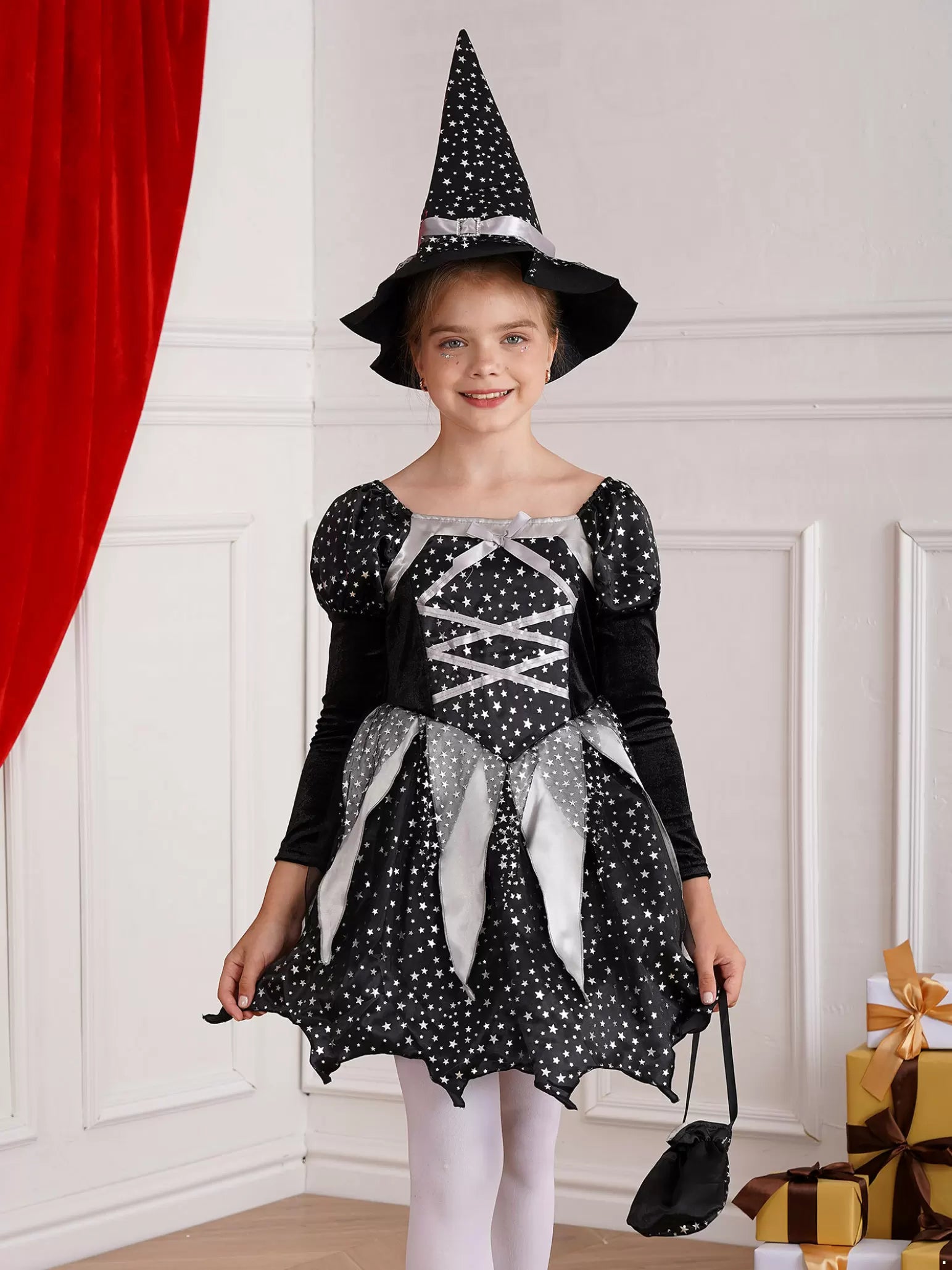 Kids Girls 3pcs Halloween Witch Shiny Stars Dress with Hat and Handbag