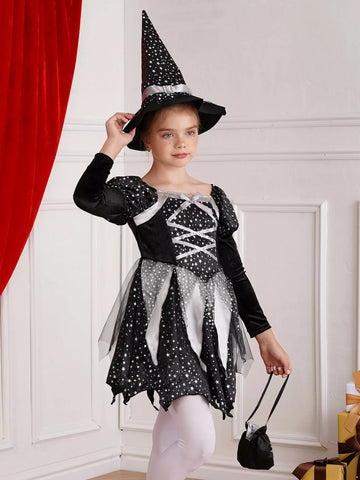 Kids Girls 3pcs Halloween Witch Shiny Stars Dress with Hat and Handbag