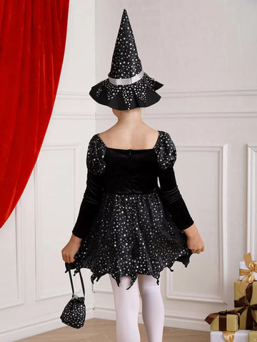 Kids Girls 3pcs Halloween Witch Shiny Stars Dress with Hat and Handbag