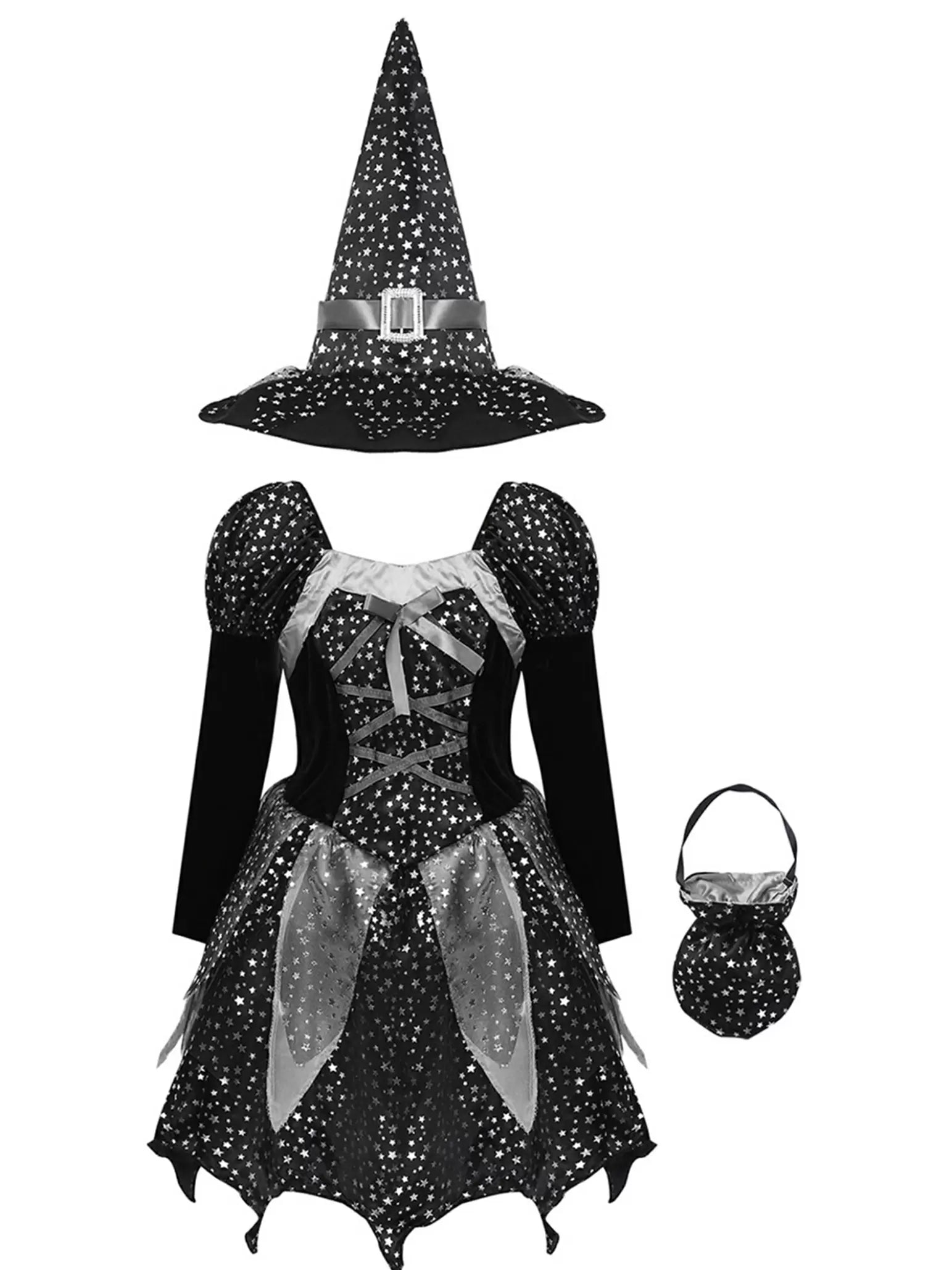 Kids Girls 3pcs Halloween Witch Shiny Stars Dress with Hat and Handbag