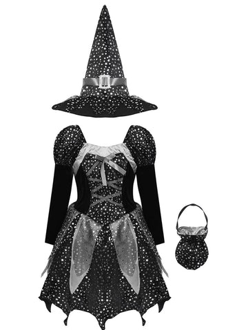 Kids Girls 3pcs Halloween Witch Shiny Stars Dress with Hat and Handbag