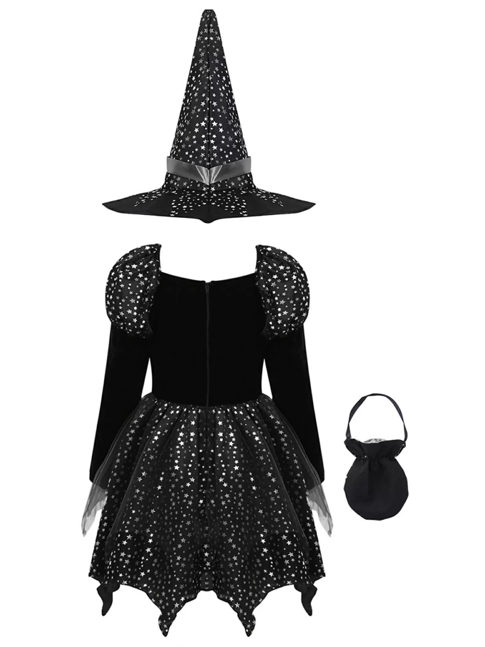 Kids Girls 3pcs Halloween Witch Shiny Stars Dress with Hat and Handbag