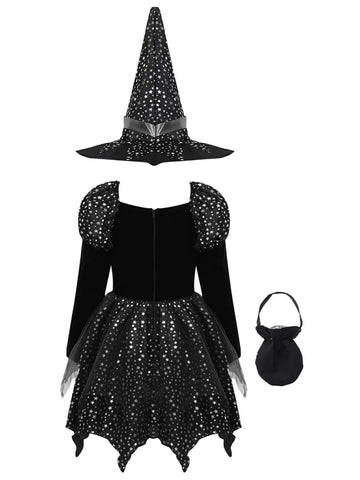 Kids Girls 3pcs Halloween Witch Shiny Stars Dress with Hat and Handbag