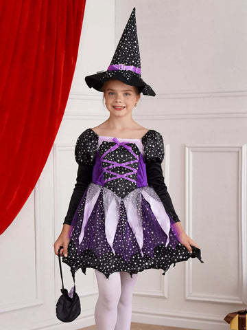 Kids Girls 3pcs Halloween Witch Shiny Stars Dress with Hat and Handbag