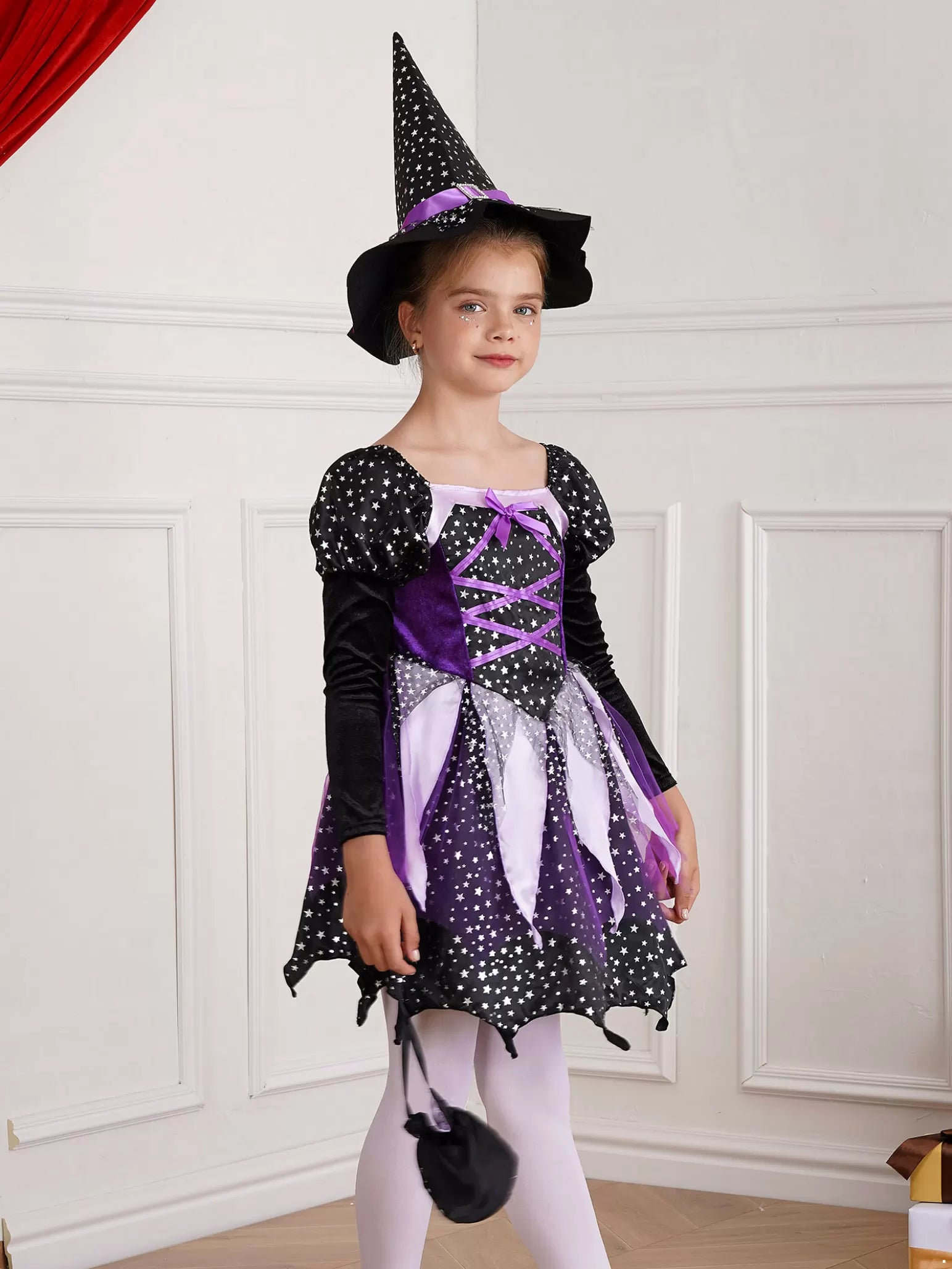 Kids Girls 3pcs Halloween Witch Shiny Stars Dress with Hat and Handbag