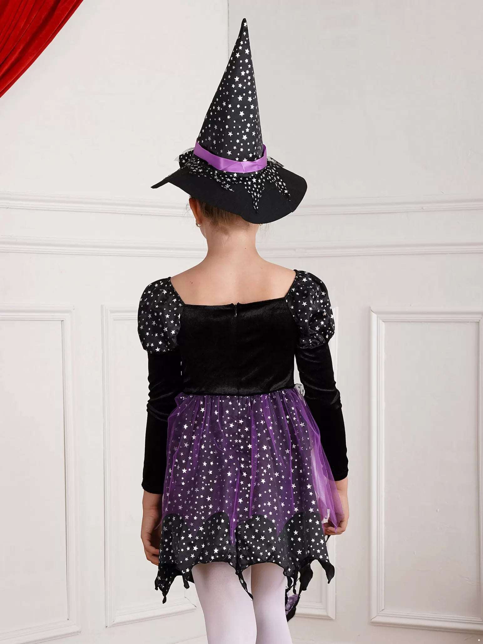 Kids Girls 3pcs Halloween Witch Shiny Stars Dress with Hat and Handbag