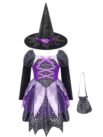 Kids Girls 3pcs Halloween Witch Shiny Stars Dress with Hat and Handbag