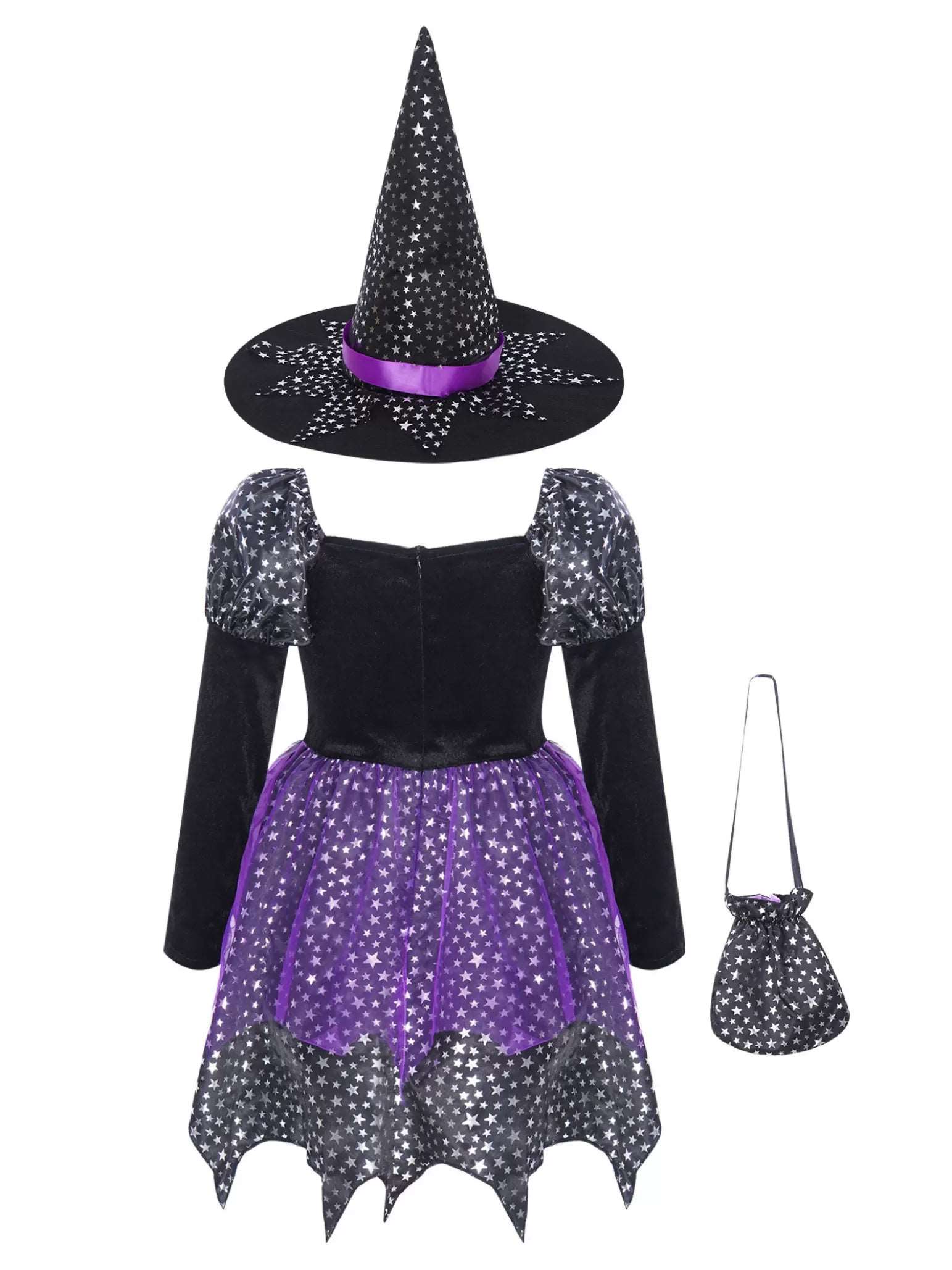 Kids Girls 3pcs Halloween Witch Shiny Stars Dress with Hat and Handbag