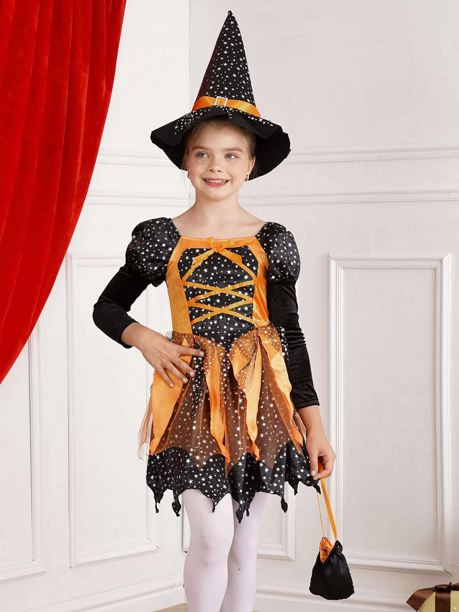 Kids Girls 3pcs Halloween Witch Shiny Stars Dress with Hat and Handbag